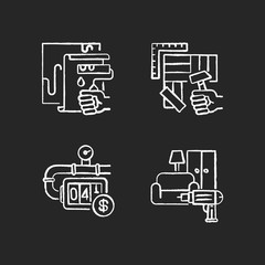 House renovations chalk white icons set on black background. Furniture installation. Flooring installation. Painting walls with roller. Gas meter. Isolated vector chalkboard illustrations