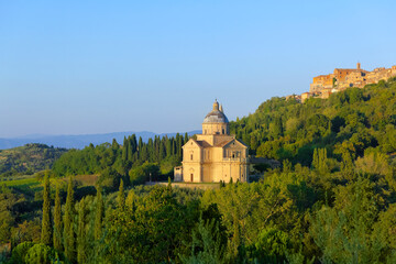 Fototapeta na wymiar Beautiful Tuscany panorama, View of Montepulciano and Chiesa di San Biagio, San Biagio.
