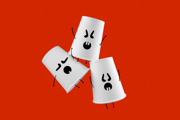 Halloween art. Flying white paper coffee cups with monster faces on red background.  Space for text.