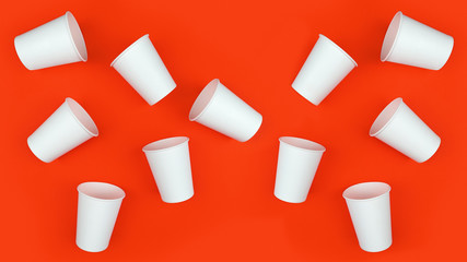 White paper cups on red backdrop banner. Ecology. Zero waste, recycling concept. Mock up template. Flat lay view.