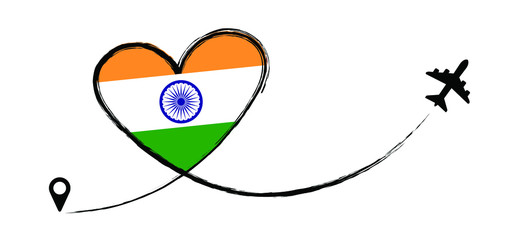 Flag india. Love Romantic travel airplane line path of air plane flight route with start point icon. Air plane flying. Vector fly pin location pointer route, trace and rack sign. 