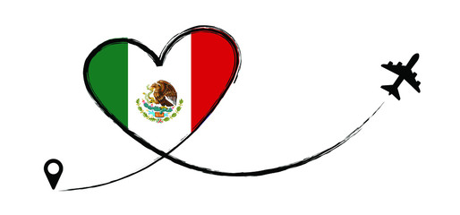 Flag mexico. Love Romantic travel airplane line path of air plane flight route with start point icon. Air plane flying. Vector fly pin location pointer route, trace and rack sign. 