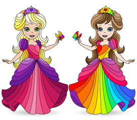 Set of illustrations in stained glass style with Princess girls in bright dresses, isolated on a white background