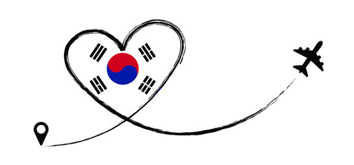 Obraz premium Flag korea. Love Romantic travel airplane line path of air plane flight route with start point icon. Air plane flying. Vector fly pin location pointer route, trace and rack sign. 