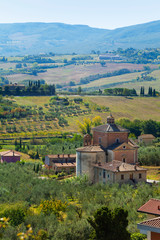 Fototapeta na wymiar Tuscany, Italy, Chianciano Terme, panorama view with church Madonna della Rosa,