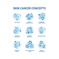 Skin cancer concept icons set. Genetic predisposition. Numerous moles. Weakened immune system. Melanoma idea thin line RGB color illustrations. Vector isolated outline drawings