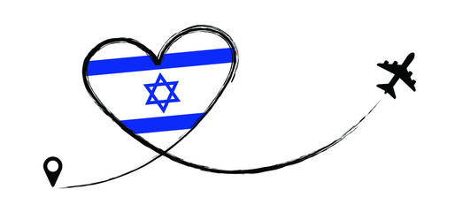 Flag israel. Love Romantic travel airplane line path of air plane flight route with start point icon. Air plane flying. Vector fly pin location pointer route, trace and track sign. 
