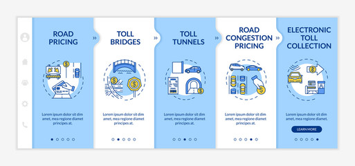 Highway toll plazas onboarding vector template. Road payment. Toll bridges and tunnels. Responsive mobile website with icons. Webpage walkthrough five steps screens. RGB color concept © IMG visuals icons