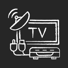 TV tuner chalk white icon on black background. Home television. Digital TV tuner card setting up. Home improvement. Satellite installation. Isolated vector chalkboard illustration