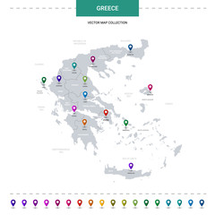 Fototapeta na wymiar Greece map with location pointer marks. Infographic vector template, isolated on white background.