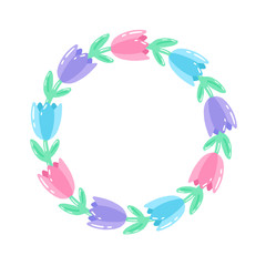 Fototapeta na wymiar Vector wreath of pink, blue and violet pastel flowers. Wreath template for printing products and wedding decoration