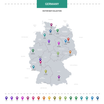 Germany map with location pointer marks. Infographic vector template, isolated on white background.