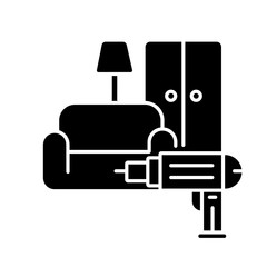 Furniture installation black glyph icon. Screwing wardrobe. Household. Screwdriver. House maintenance. Furniture assembly service. Silhouette symbol on white space. Vector isolated illustration