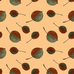 Seamless pattern with autumn leaves on orange background. Hand draw illustration.