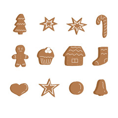 Set of brown Christmas cookies with white icing, vector illustration, hand drawing