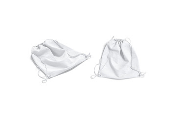 Blank white drawstring backpack mockup lying, top and side view
