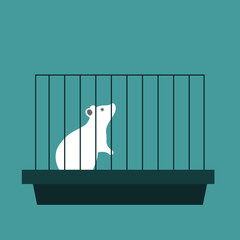 experimental laboratory white mouse in a cage. flat vector illustration on blue background