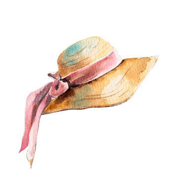 Watercolor illustration.vintage straw women's hat with pink ribbons. Isolated on a white background.