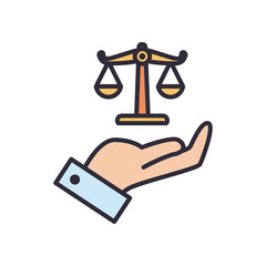 law balance scale over hand line and fill style icon vector design