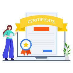 
Feake with diploma inside computer, online certificate illustration
