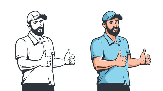 Bearded man thumbs up in vintage style. Cartoon man in cap with hand positive gesture. Ok sign. Vector isolated retro illustration.
