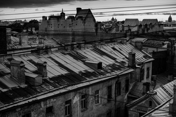 Fototapeta premium View of the roofs of St Petersburg. Black and white photography.
