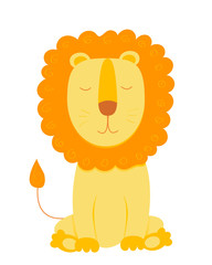 Cute lion in cartoon style. Bright orange and yellow colors. Perfect for kids textile, postcards, baby shower for boy. Isolatetd icon on white background. Vector