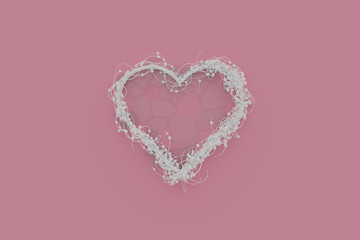 Herzform umschlungen von weissen Drahten und gef&uuml;llt mit Glasscherben. Auf Rosa Hintergrund liegend. 3D Rendering