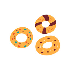 Set of three donuts with different flavors. Vector