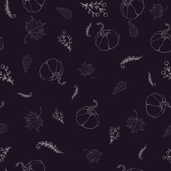 Autumn background with leaves and pumpkin. Line drawing. Multicolored autumn leaves seamless pattern with texture. Stylish background, textile or wrapping paper design. Vector illustration.