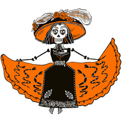 Halloween, Beautiful skeleton girl in hat and dress greeting card la calavera Catrina, Elegant Skull. Day of the dead. Dia de los muertos. Floral Decorated skull. Vector illustration. doodle.