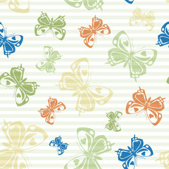 Flying butterfly silhouettes over striped background vector seamless pattern.