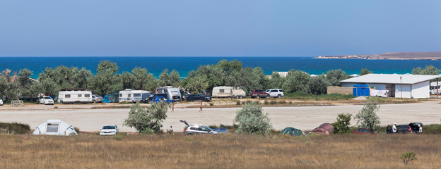 Panoramic view of the Sunset campsite in the village of Olenevka, Chernomorsky District, Crimea