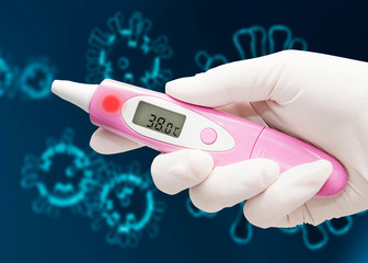 Hand wear a latex glove and holding a thermometer.  Clipping mask included. Covid-19 body temperature 38'c showed on thermometer.