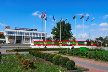 Tiraspol, Transnistria, Moldova - August 25, 2020: downtown, the state flags, central square and public building
