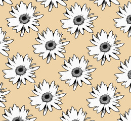 Floral botanical graphic retro vintage decorative pastel, daisies chamomile flowers on milk punch yellow background 