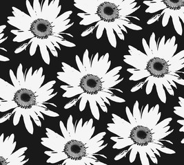 Floral botanical graphic retro vintage decorative black and white pattern, daisies chamomile flowers on black background 