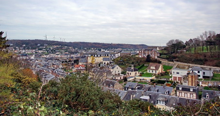 Fototapeta na wymiar View from above to the town and and the bay in Fecamp, Normandy, France