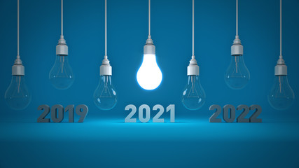 2021 New Year sign inside light bulbs. 3D rendering	
