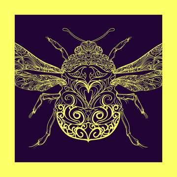 a picture of a drawn abstract forest bee on a dark blue background. Botanical design. Perfect for banners, postcards, invitations and for use in interior design. EPS 10