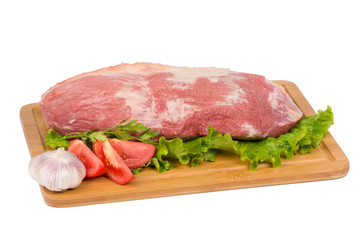 fresh and raw beef meat on cutting board on white background