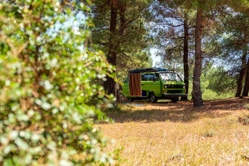 Vintage camper van parked in the pine tree forest