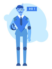 A robot character who greets visitors in a friendly manner. Suitable for companies in the field of technology