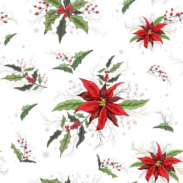 Seamless floral winter pattern. realistic holiday flowers from poinsettia and Holly. modern hand-drawn Wallpaper in the style of realism. llustration for Wallpaper, paper, printing.