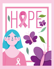 breast cancer awareness month young woman ribbon hope letters butterflies design