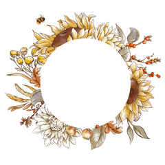 Vintage fall round frame, sunflowers, white chrysanthemums