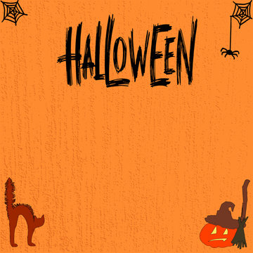 "Halloween» hand written lettering on orange background with cartoon elements for party invitation, banner, sticker, greeting card. Vector Illustration for celebration with positive, fun image