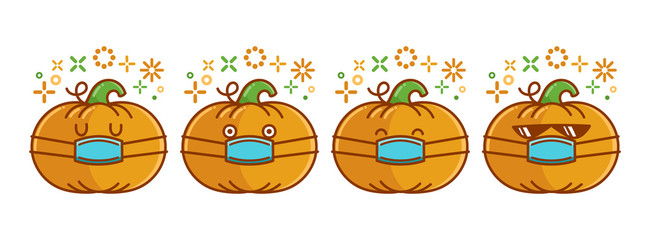 cute smiling halloween pumpkin cartoon wearing face mask