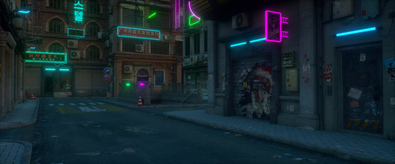 Neon urban future. Street with neon lights in a cyberpunk city. Photorealistic 3d illustration of the futuristic city. Grunge urban cityscape. Evening scene. © Valeriy