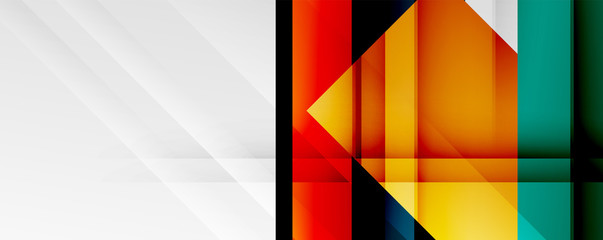 Geometric abstract backgrounds with shadow lines, modern forms, rectangles, squares and fluid gradients. Bright colorful stripes cool backdrops